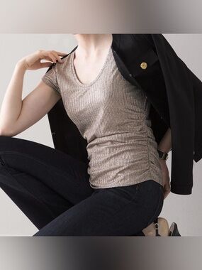 NWT new large WHBM ruched side cap sleeve tee rose gold foil Metallic top ribbed